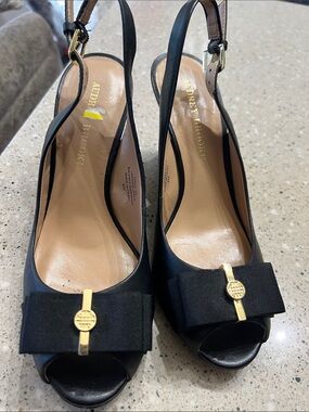 Audrey Brooke Black Peep-Toe Slingback Pumps with Gold Accent